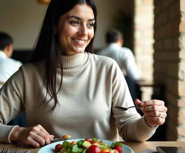 Indian woman enjoying a balanced meal with fruits and leafy greens, symbolising PCOS friendly nutrition and hormone support