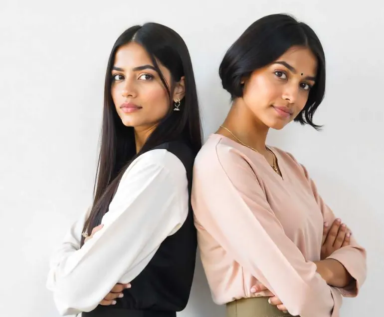 Two-Indian-women-in-their-20s-and-30s-standing-back-to-back,-representing-the-changing-symptoms-and-priorities-of-PCOS-with-age