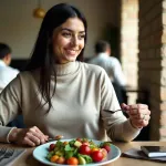 Indian woman enjoying a balanced meal with fruits and leafy greens, symbolising PCOS friendly nutrition and hormone support